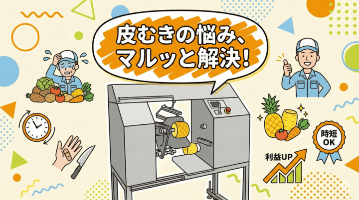 パイナップル皮むき機「FAP-3000」のポップなアイキャッチ画像。製品写真の横に、「パイナップル、秒速完了！手作業から卒業！」という大きな文字と、「450-500個/時！」「歩留まりUP！」「7人→2人へ削減！」という具体的な導入効果がイラスト付きで紹介されています。
