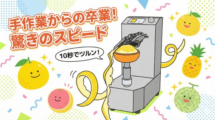 アストラの電動皮むき機「大助」が柑橘の皮を高速でむくポップなイラスト。「手作業からの卒業！驚きのスピード」「10秒でツルン！」というキャッチコピーとともに、笑顔の文旦、グレープフルーツ、パイナップル、メロンが描かれています。