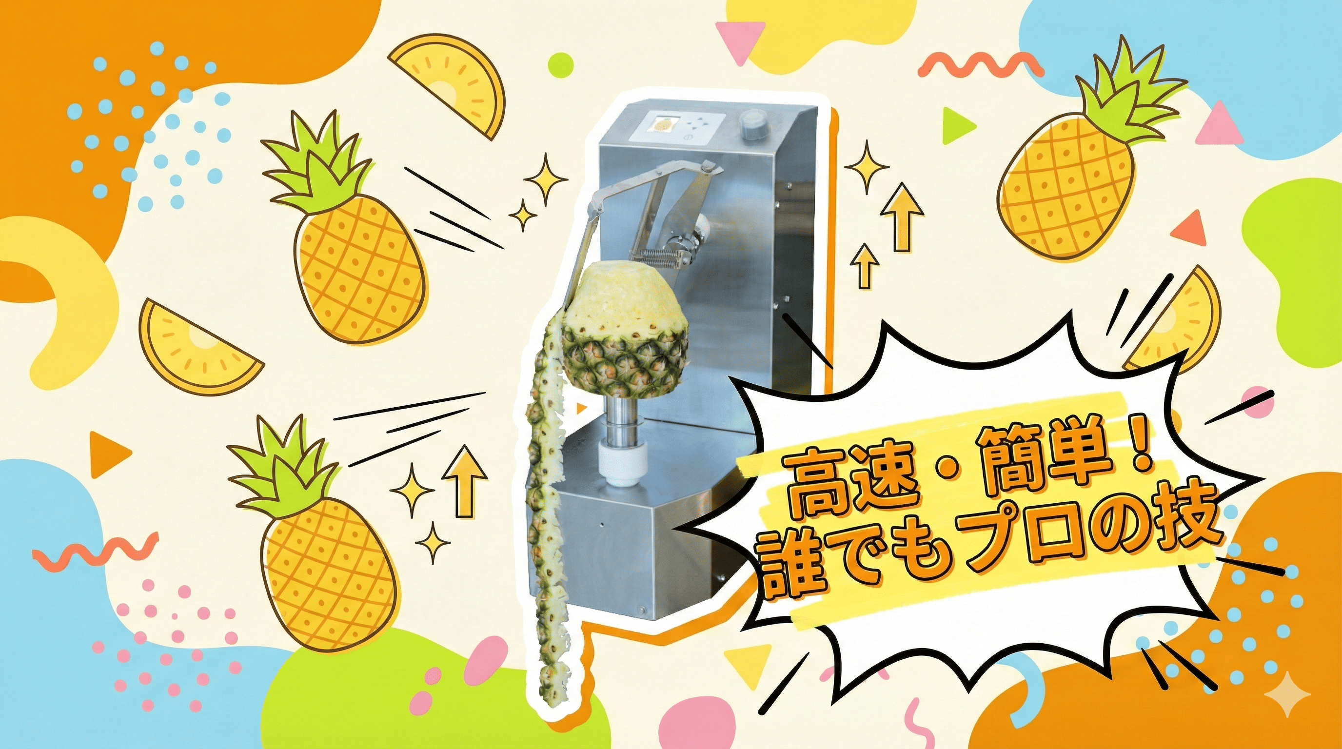 業務用パイナップル皮むき機で加工現場の生産性を上げる方法を解説する記事のアイキャッチ画像