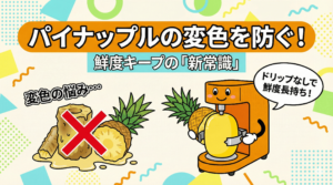 パイナップルが茶色く変色する原因と、自動皮むき機で鮮度を保つ対策のイメージイラスト。