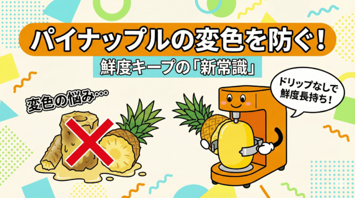 パイナップルが茶色く変色する原因と、自動皮むき機で鮮度を保つ対策のイメージイラスト。