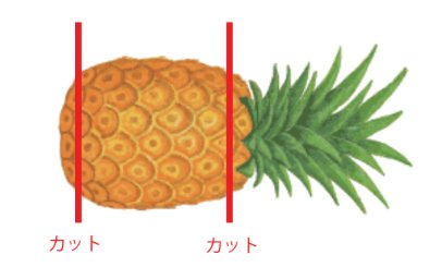 パイナップルの上下を切り落とすカット位置の図解