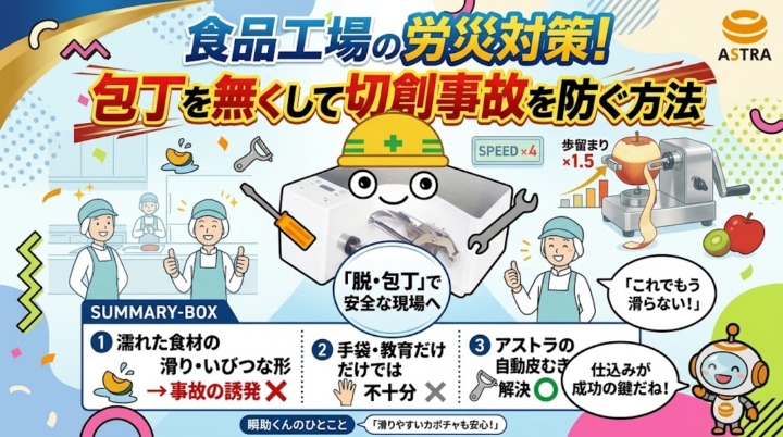 食品工場の包丁による労災事故対策として、自動皮むき機「瞬助くん」の導入を提案するポップで明るいテイストのアイキャッチ画像。上部には「食品工場の労災対策！包丁を無くして切創事故を防ぐ方法」という大きなタイトル。中央には、ヘルメットを被り、工具を持った愛らしいキャラクター姿の自動皮むき機が、笑顔の作業員たちに囲まれている。その下には、包丁事故の主な原因である「濡れた食材の滑り・いびつな形」や、「手袋・教育だけでは不十分」という現場の課題と、それらを「自動皮むき機で解決（労災ゼロ・腱鞘炎予防・スピード4倍・歩留まり1.5倍）」する抜本的な解決策「脱・包丁」という文字が、図解で分かりやすくまとめられている。右下には、小さなアストラのロゴと別のキャラクターが「仕込みが成功の鍵だね！」とコメント。下部中央の「瞬助くんのひとこと」吹き出しには「滑りやすいカボチャも安心！」と記載。