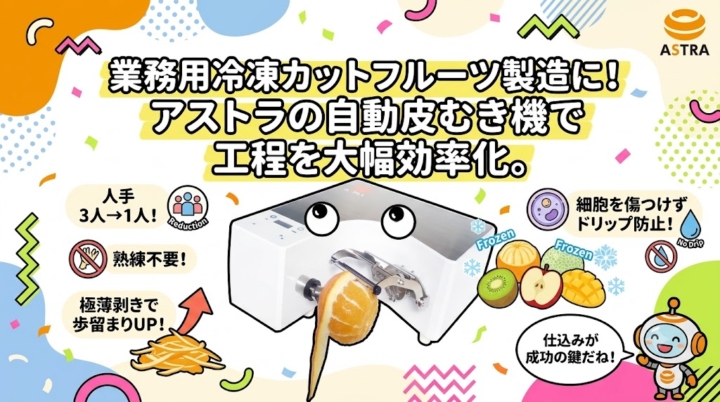 業務用冷凍カットフルーツ製造に!アストラの自動皮むき機で工程を大幅効率化。