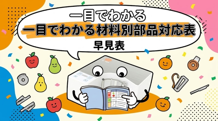 瞬助・匠助の材料別部品対応表を紹介。キャラクターが元気に見本を示すポップな早見表のアイキャッチ画像。
