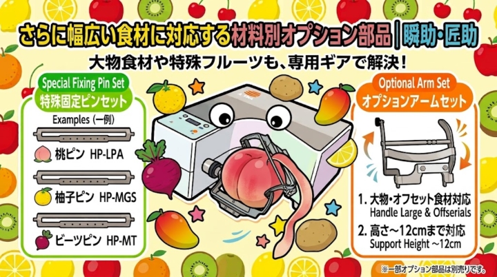 自動皮むき機「瞬助・匠助」の材料別オプション部品(特殊固定ピンセット・オプションアーム)を解説するアイキャッチ画像。中央で桃の皮をむくイラストが描かれています。