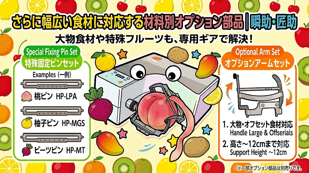 自動皮むき機「瞬助・匠助」の材料別オプション部品（特殊固定ピンセット・オプションアーム）を解説するアイキャッチ画像。中央で桃の皮をむくイラストが描かれています。