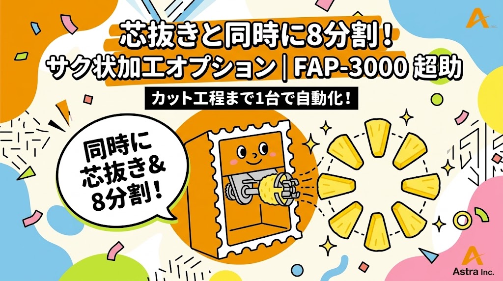 アストラのFAP-3000超助が、パイナップルを高速で芯抜き＆8分割。サク状加工を自動化。