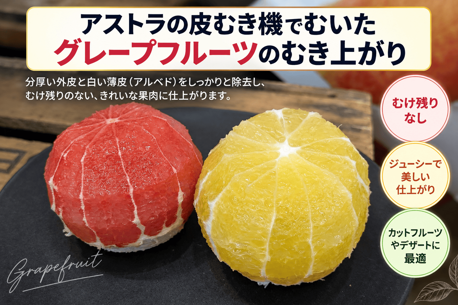 アストラの自動皮むき機で白皮（アルベド）まで除去したグレープフルーツ。1個あたりの処理時間は5秒。