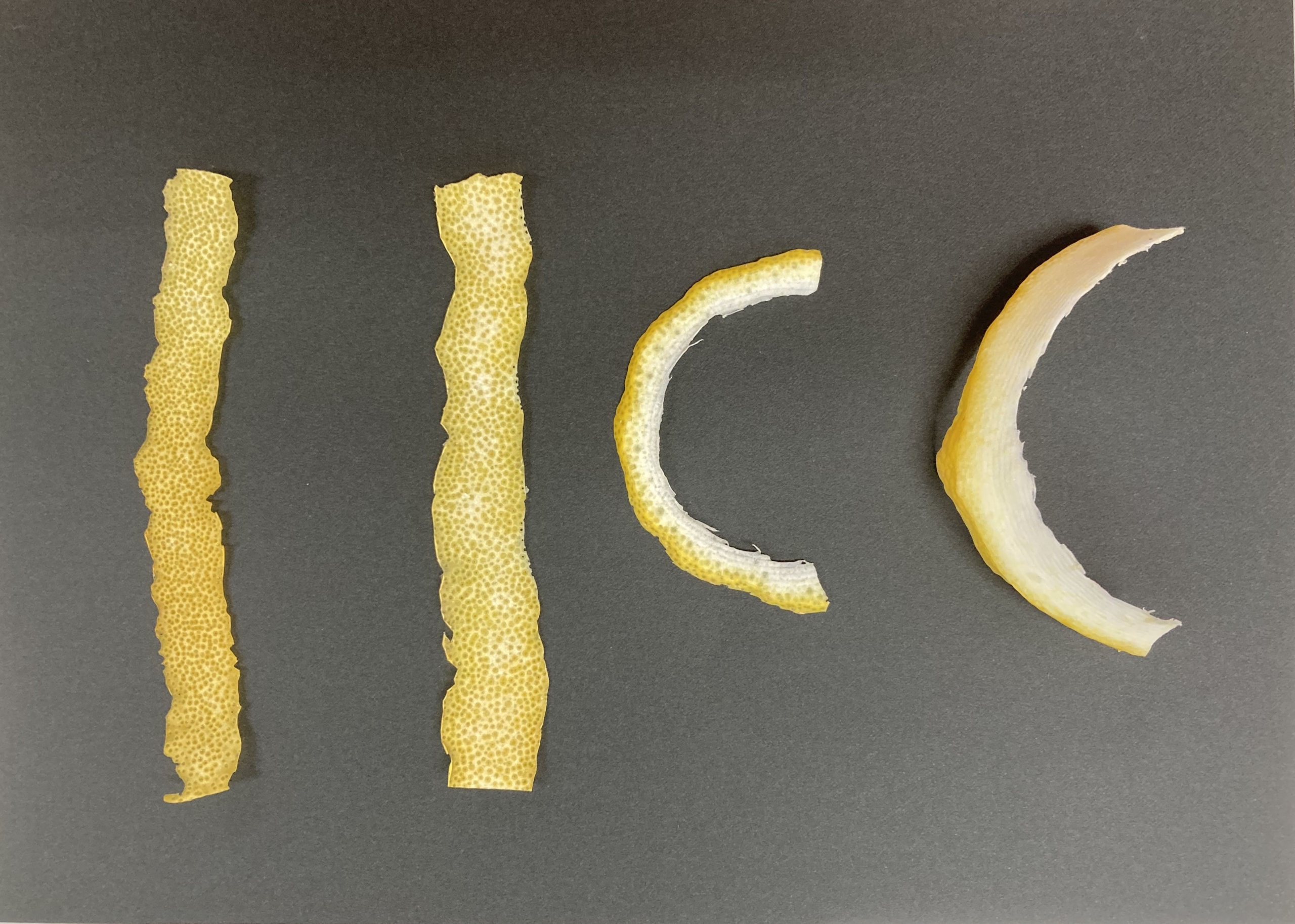 皮をむく厚さの比較画像（ゼスト抽出からアルベドまで）