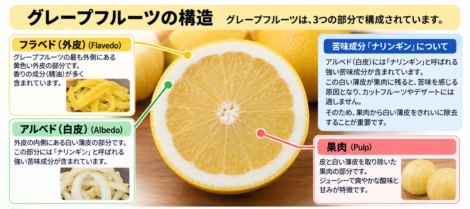 グレープフルーツの皮の断面構造（1.外皮、2.苦味成分ナリンギンを含む白い層、3.果肉）